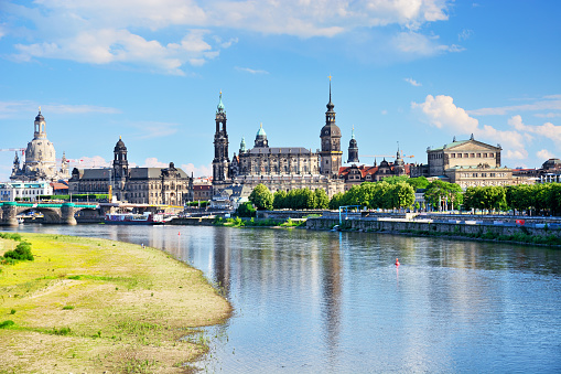 Riverbank of Elbe river with Hofkirche church and Semper Opera House on background in Dresden, Germany