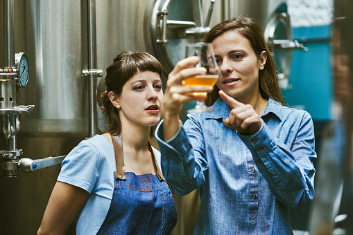 Close-up of Hispanic women in mid 30s working in craft beer brewery and checking sample for quality.