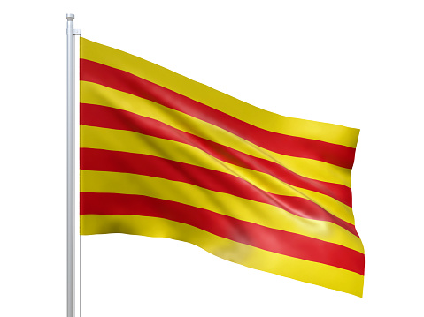 Bandera de Cataluña (comunidad autónoma en España) ondeando sobre fondo blanco, de cerca, aislado. Renderizado 3D photo