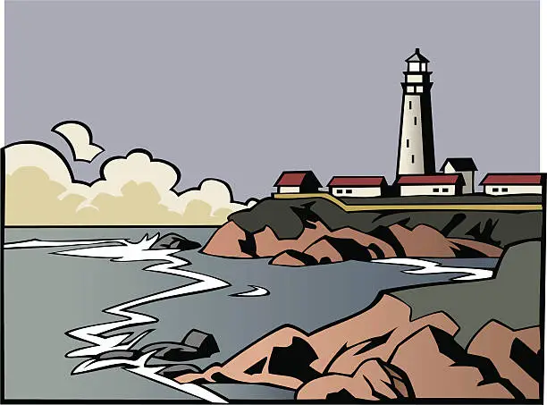 Vector illustration of Lighthouse on Rocky Shore