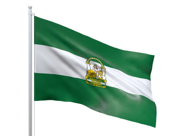 istock Andalucia (autonomous community in Spain) flag waving on white background, close up, isolated. 3D render 1184809476