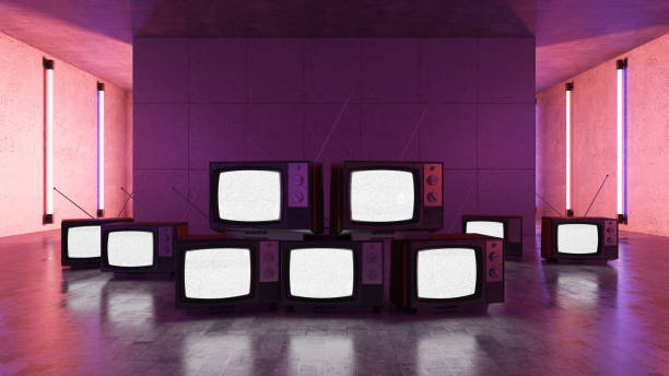pile de vieux téléviseurs avec des lumières de néon - tv box photos et images de collection