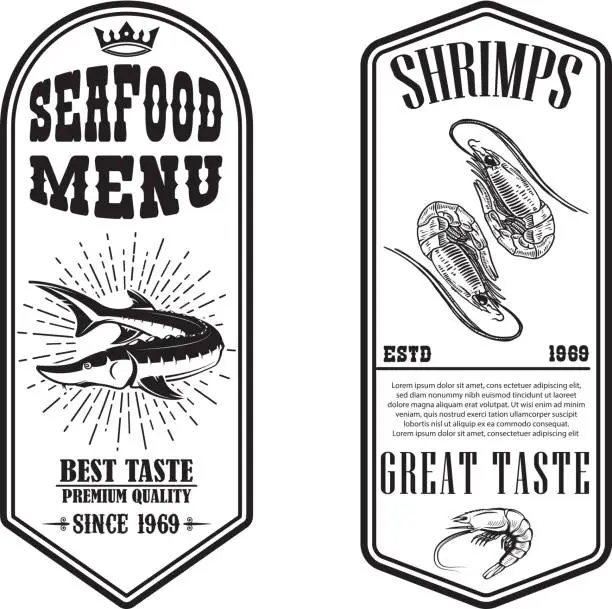 Vector illustration of Set of seafood flyers with shrimp and fish illustrations. Design element for poster, banner, sign, emblem. Vector illustration
