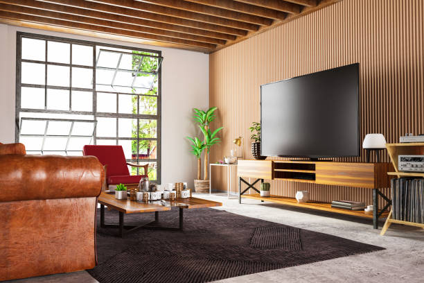 habitación loft de madera con televisor - entertainment center fotografías e imágenes de stock