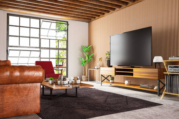 Loft Wooden Room with Television Set Loft Wooden Room with Television Set. 3d Render entertainment center stock pictures, royalty-free photos & images