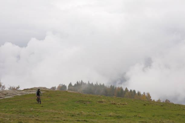 istock Young man on mountain bike rides down grassy field 1184811076