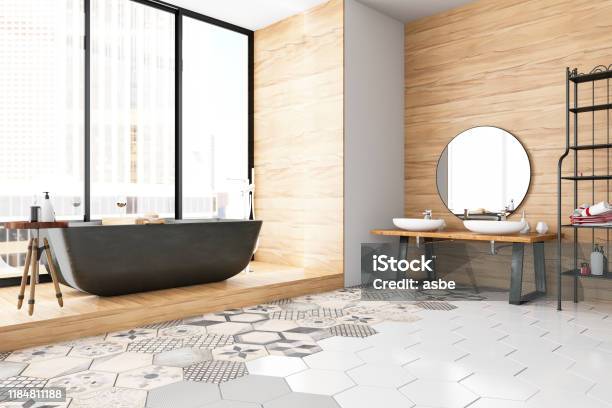 Modern Bathroom Stock Photo - Download Image Now - Bathroom, Tiled Floor, Tile