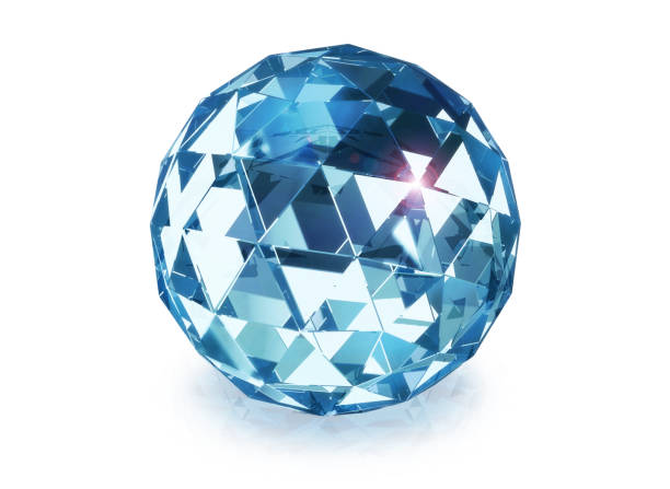 Icosahedron shaped, rounded, brilliant cut blue diamond with caustics rays on white background. Similar images from the series: