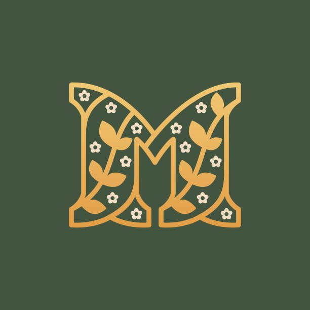 ilustraciones, imágenes clip art, dibujos animados e iconos de stock de logotipo de la letra m que consiste en letras de patrón floral con flor de manzanilla. - m chamomilla