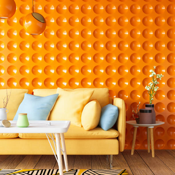 istock Colorful Sofa with Geometric Orange Wall 1184811444