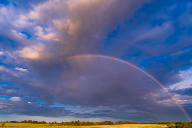 istock Rainbow Sky Arch on a dramatic stormy sky over yellow fields. A magical natural optical phenomenon that delights. 1184811670