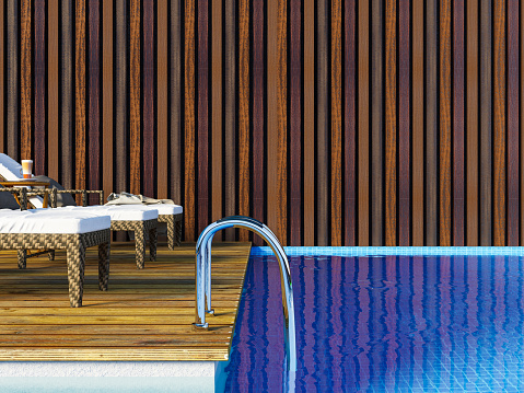 Swimming Pool with Wooden Wall. 3d Render