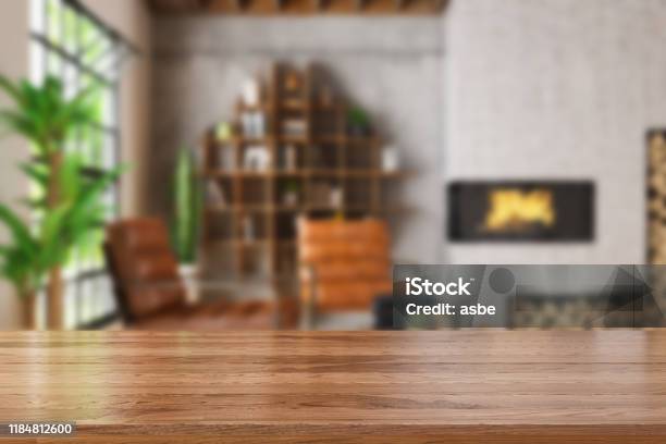 Wooden Table Top With Blur Of Cozy Living Room Stock Photo - Download Image Now - Table, Wood - Material, Backgrounds
