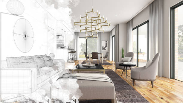 Half Drawing Sketch Modern Living Room Interior Half Drawing Sketch Modern Living Room Interior. 3d Render home showcase interior stock pictures, royalty-free photos & images