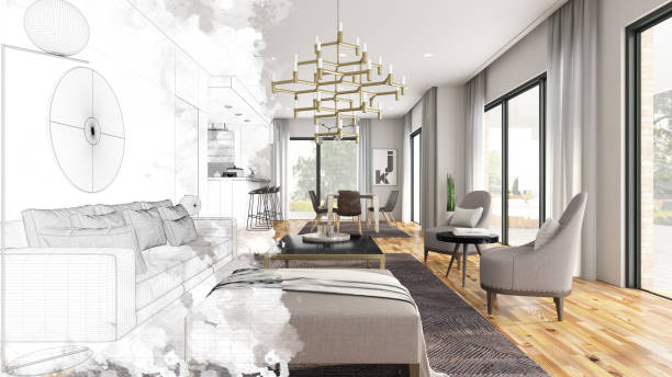 half drawing sketch modern living room interior - showcase interior imagens e fotografias de stock