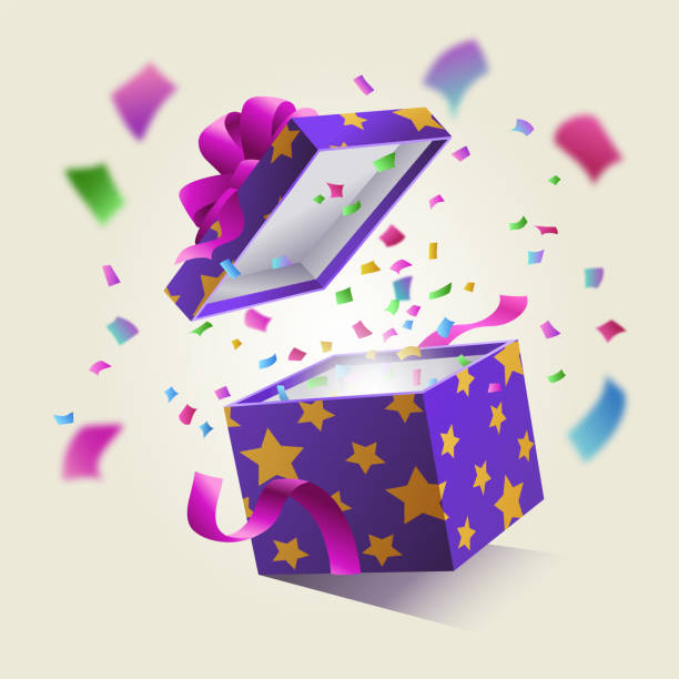 Realistic Surprise Gift Box Realistic Surprise Gift Box With Falling Confetti. Vector illustration opening stock illustrations