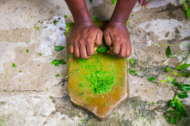 un medico-uomo macinare foglie di neem e curcuma per fare medicina - alternative therapy immagine foto e immagini stock