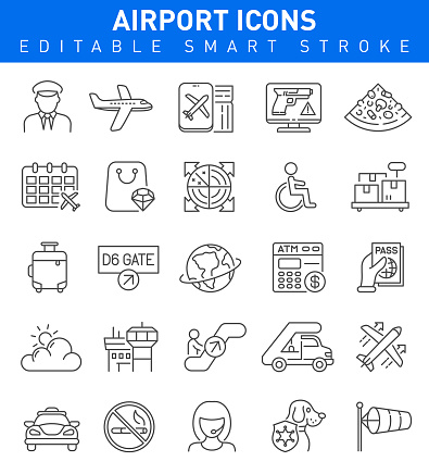 Airport icons with pilot, plane, security and food symbols