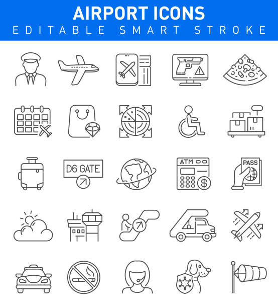 Airport Icons. Editable vector stroke Collection Airport icons with pilot, plane, security and food symbols earth first aid stock illustrations