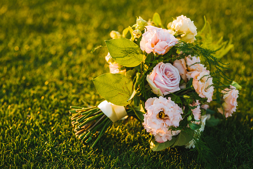 Beautiful weddin bouquet made of fresh pink roses on the grass suring sunset