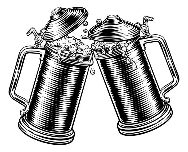 illustrazioni stock, clip art, cartoni animati e icone di tendenza di beer stein tedesco oktoberfest pint tankard mugs - ink antique old fashioned clip art
