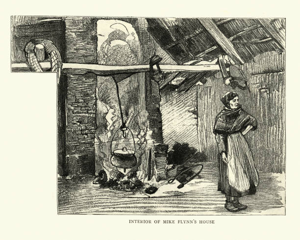 Interior of Irish home, County Kerry, Ireland, 19th Century Vintage engraving, Interior of Mike Flynn's house. Boycotting in Ireland, Sketches in County Kerry, Victorian, 1886, 19th Century middle aged woman cooking stock illustrations