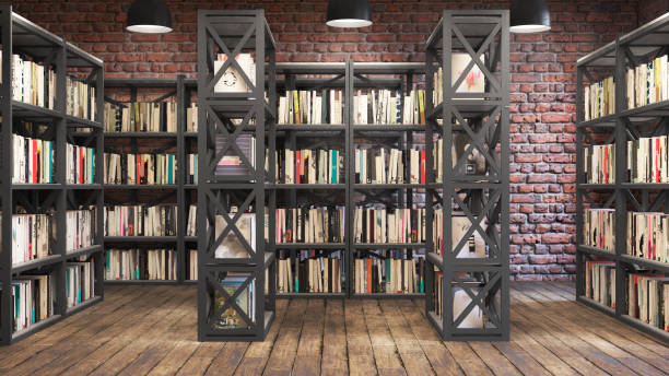 istock Reading room, 3d illustration, Bookshelves, reading place 1184816183