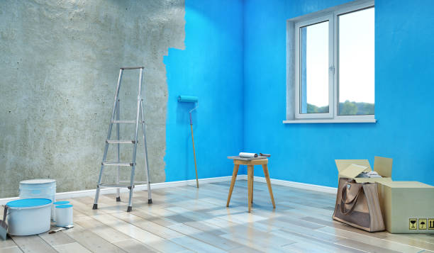 istock Half-painted in blue color dirty concrete wall, 3d illustration 1184816259