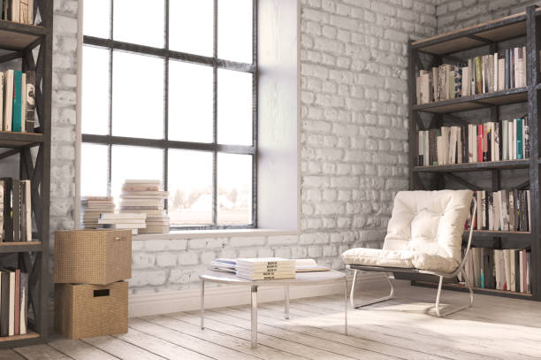 istock Reading room, 3d illustration, Bookshelves, reading place 1184816291