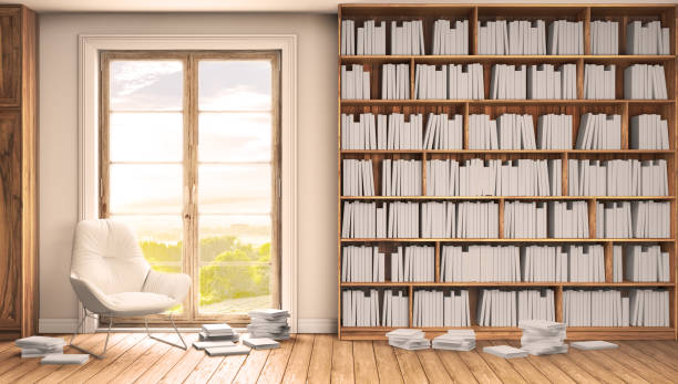 istock Reading room, 3d illustration, Bookshelves, reading place 1184816294