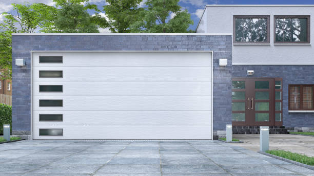 istock Garage entrance with sectional doors. 3d illustration 1184816447