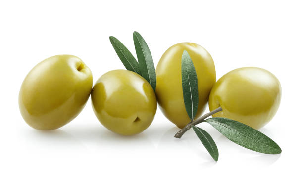 istock Olives with leaves on white 1184817605