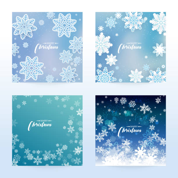 neujahr und weihnachtskarte aus zweifarbigen schneeflocken von blau und grau auf weißem hintergrund. vektor-illustration - snow wind overlay stock-grafiken, -clipart, -cartoons und -symbole
