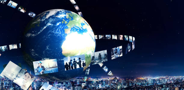 Global communication network concept. Social media. Streaming video. Subscription service. Elements of this image furnished by NASA. 3D rendering.