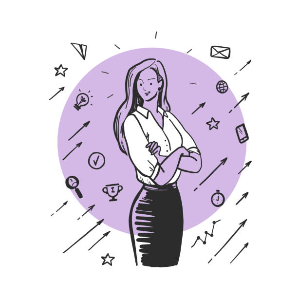 ręcznie rysowany portret młodej kobiety biznesu w garniturze biurowym, ikony biznesu odizolowane na białym tle. - young adult businesswoman beautiful success stock illustrations