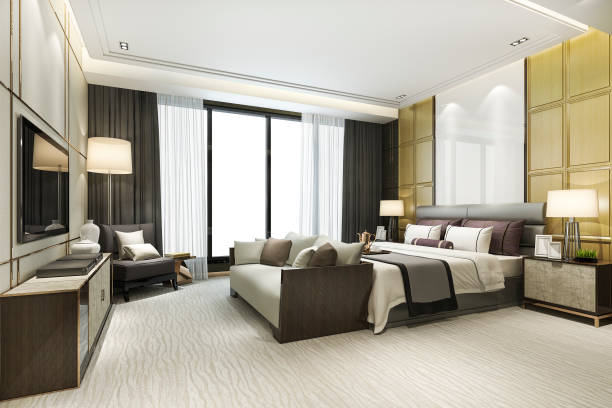 istock 3d rendering beautiful luxury bedroom suite in hotel with tv 1184823613