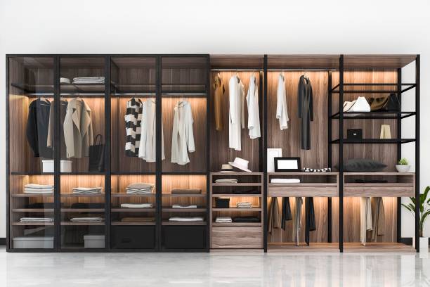 istock 3d rendering minimal scandinavian walk in closet with wood wardrobe 1184823614