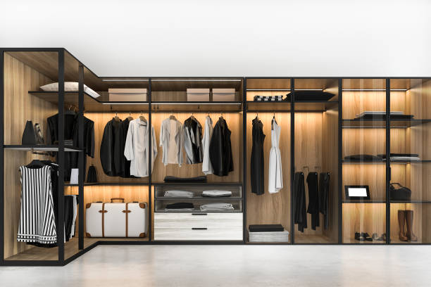 istock 3d rendering minimal scandinavian walk in closet with wood wardrobe 1184823615