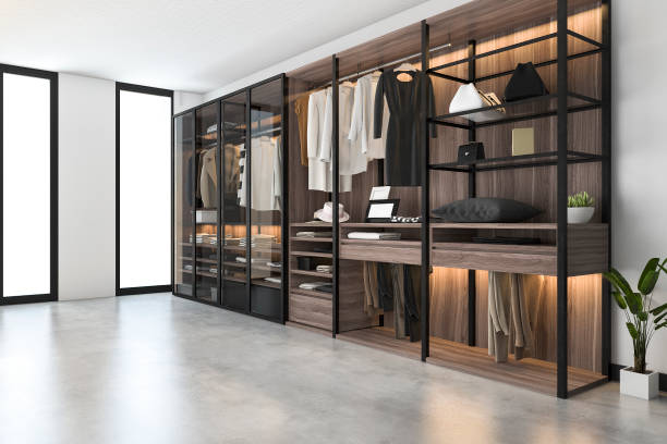 istock 3d rendering minimal scandinavian walk in closet with wood wardrobe 1184823617