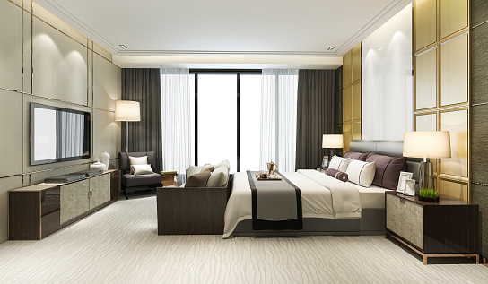 3d renderización hermosa habitación de lujo en el hotel con televisión photo