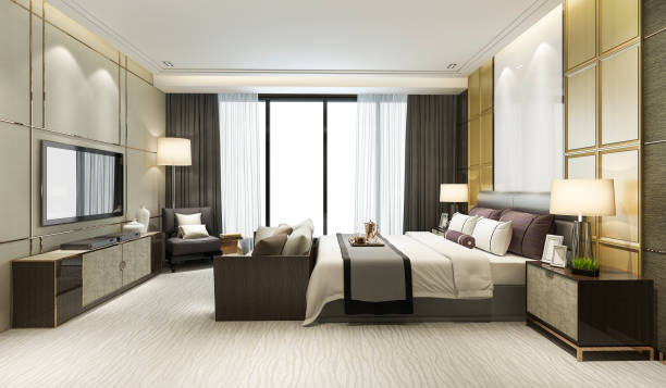 istock 3d rendering beautiful luxury bedroom suite in hotel with tv 1184823624