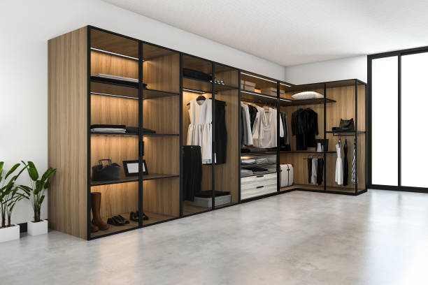 istock 3d rendering minimal scandinavian walk in closet with wood wardrobe 1184823628