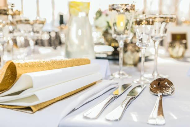 istock Beautiful table set for some festive event, party or wedding reception 1184824912