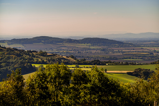 view over the cotswold hills from broadway tower country park worcestershire england uk