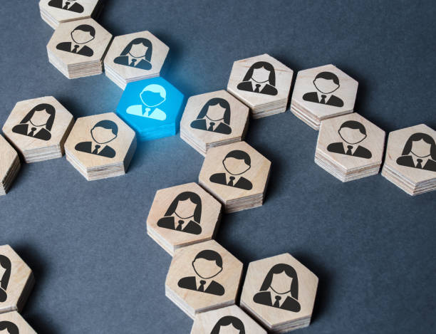 istock The structure of hexagonal figures with employees is connected together through a blue figure. Establishing contact between business, mediator services. Leader, link. Business organization. 1184825379