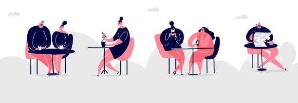 istock Vector cartoon illustration of people in cafe, drinking tea and coffee. Web banner. 1184826402