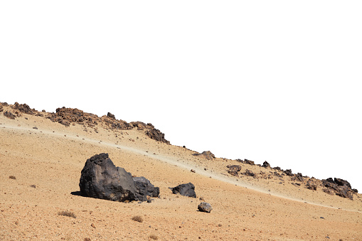Sand desert with rocks foreground isolated on white background. Element for matte painting, copy space.
