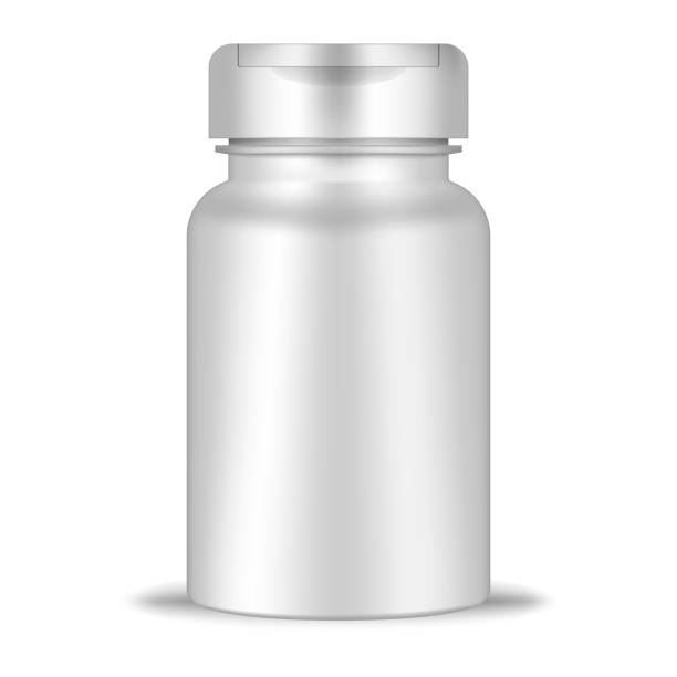 okrągły pojemnik z klapką górną, realistyczną makietą. biała pusta plastikowa butelka, szablon wektora. pigułka medyczna, suplement diety, makieta pakietu witaminowego - pill bottle nutritional supplement pill medicine stock illustrations