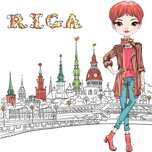 милая рыжая девушка в риге, латвия - st peters basilica stock illustrations
