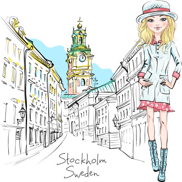 illustrazioni stock, clip art, cartoni animati e icone di tendenza di ragazza di moda a stoccolma - stockholm sweden gamla stan town square
